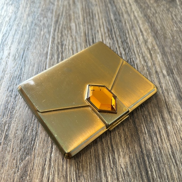 Vintage 1950’s Elgin American Powder Compact Mirror Brass Large Topaz Rhinestone - Picture 8 of 8